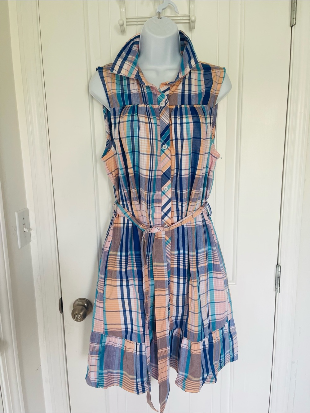 Chaps Sleeveless Plaid Shirt Dress in Blue and Peach